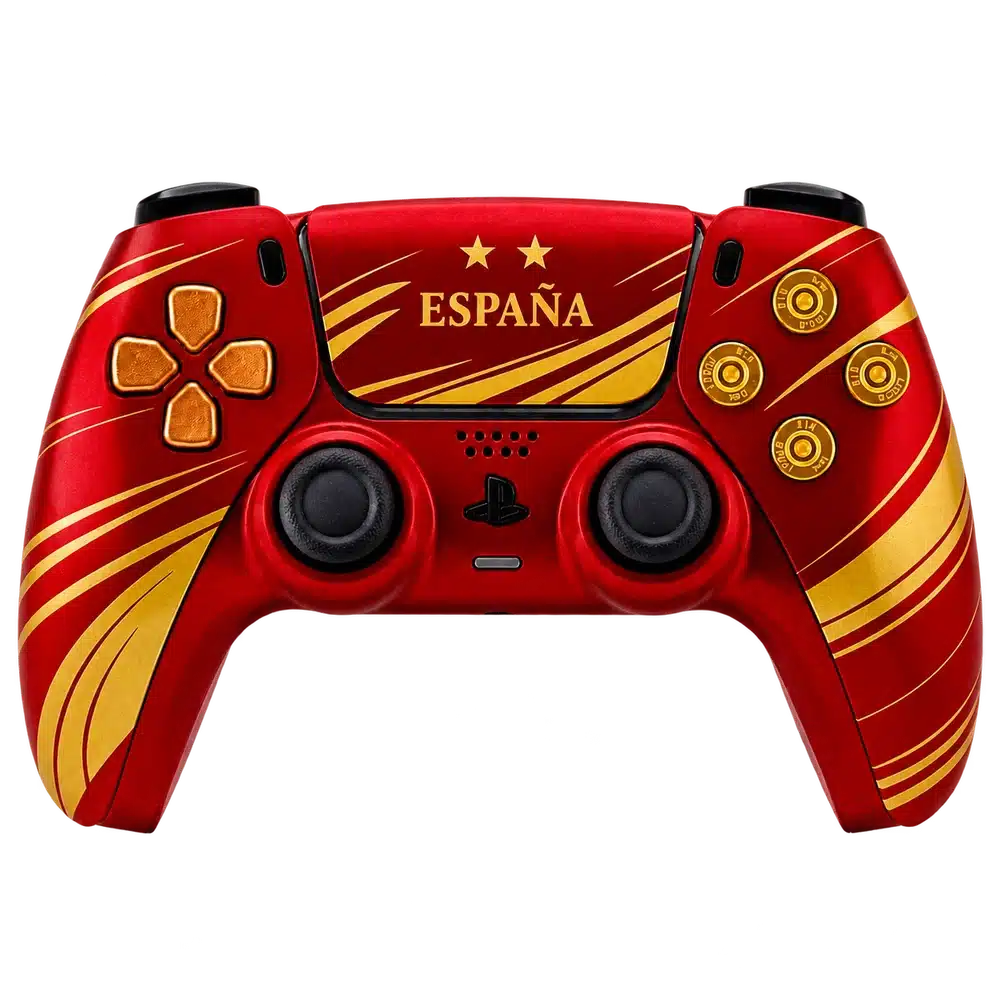 Mando PS5 España2 rojo y dorado, vista frontal