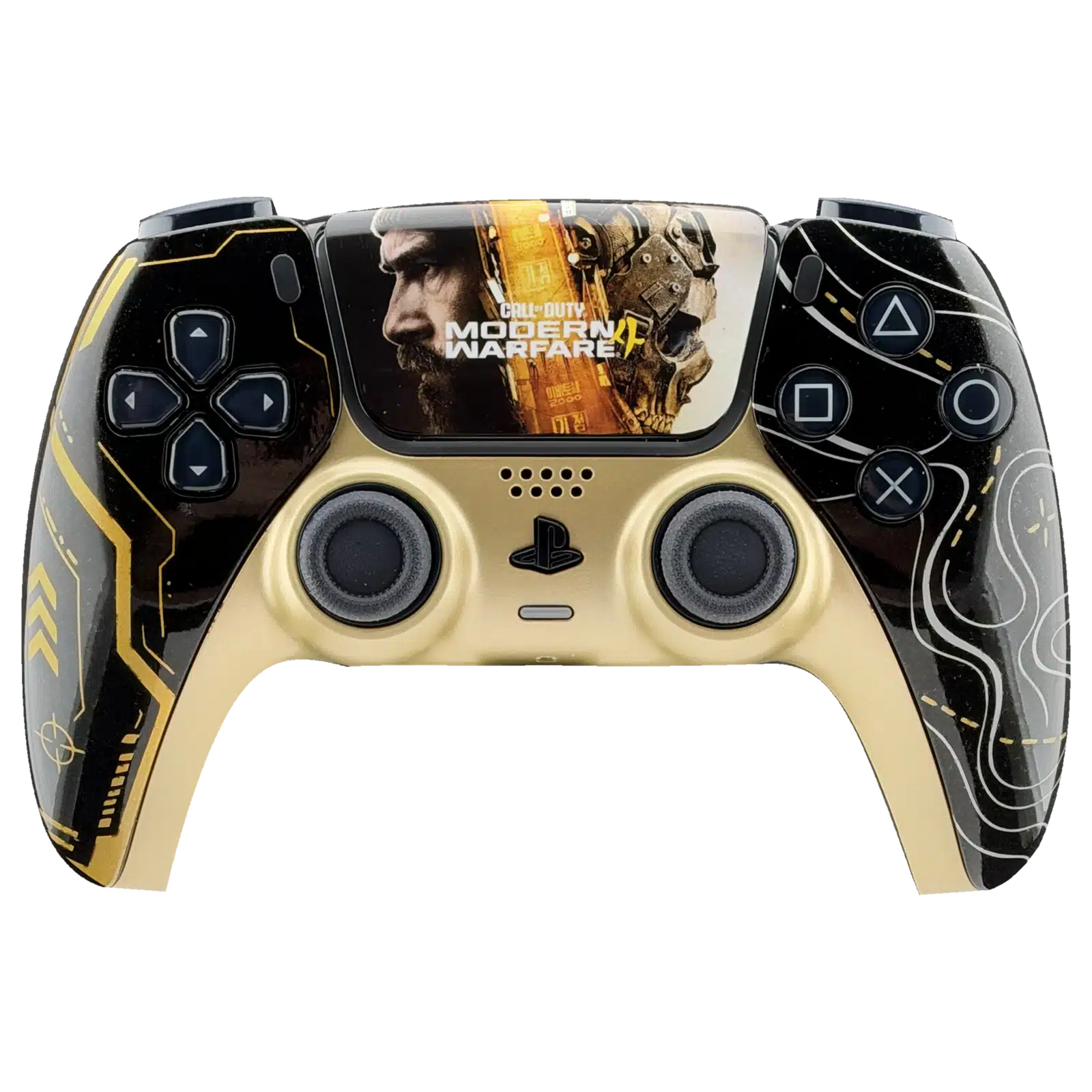 Mando PS5 Sony DualSense ModernWarfare4 negro y dorado, vista frontal con fondo transparente.