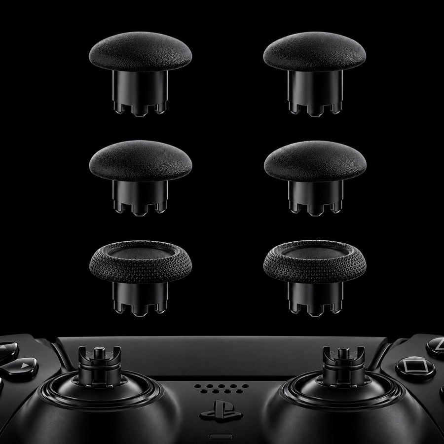Joysticks ELITE: seis cabezales intercambiables y las bases instaladas en el DualSense