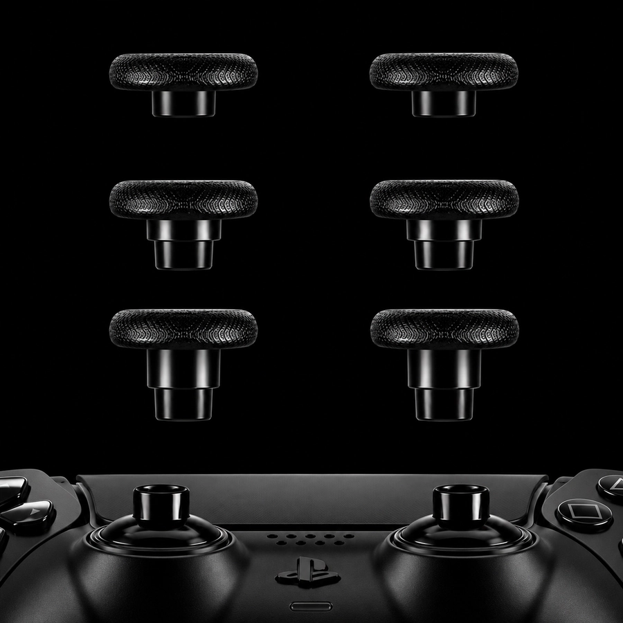 Joysticks PRO: seis cabezales de tres alturas y sus bases montadas en el DualSense